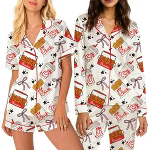 Cute Fast Food Pajama Set for Women, Fried Chicken & Fries Print PJ Shorts Set, Coquette Sleepwear, Soft Lounge Set, Fried Chicken Pajama Set, Fast Food Sleepwear, Funny Junk Food Pjs