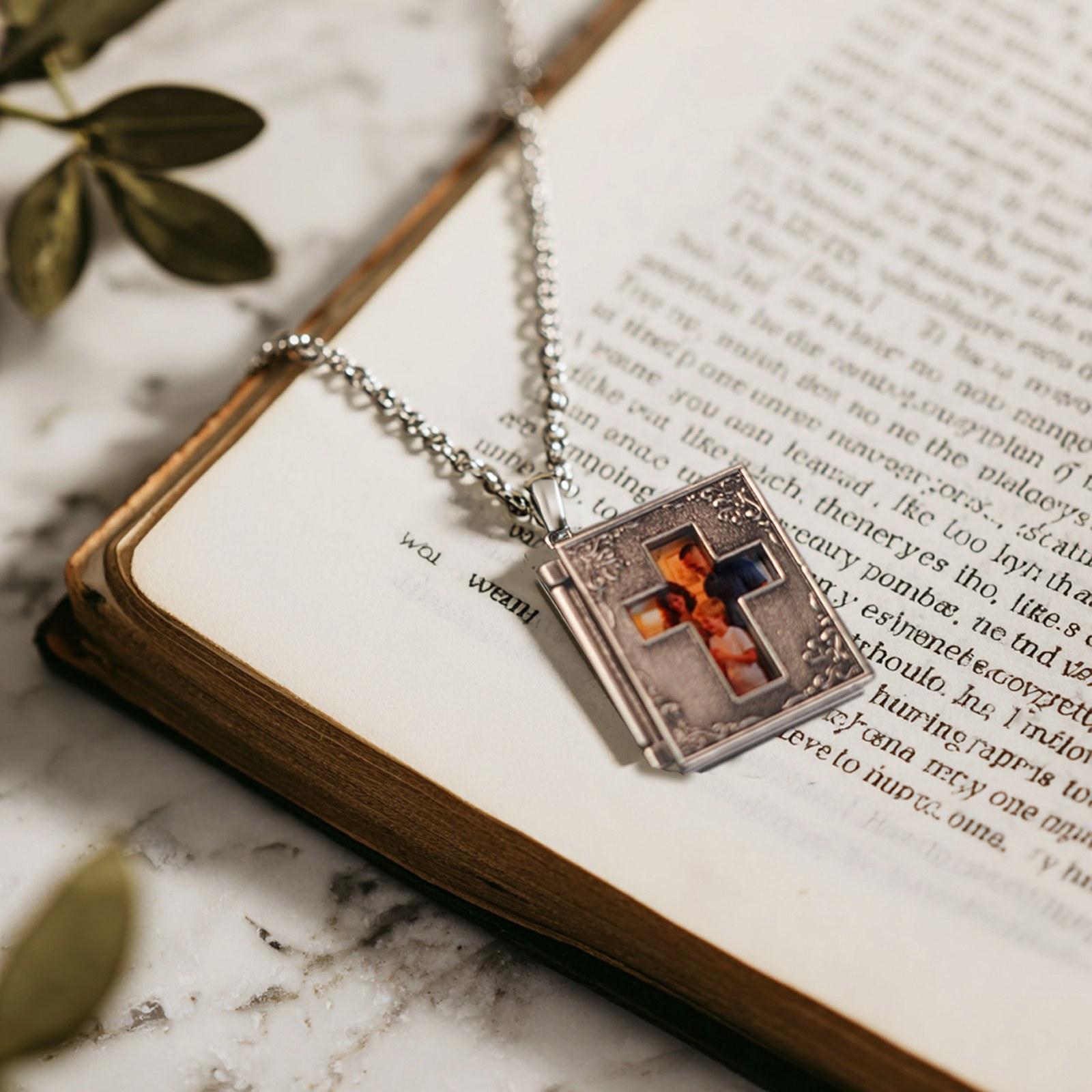 Openable Cross Necklace with Bible Pendant Photo Locket Gold Plated Christian Jewelry Waterproof Hollow Design Gift for Women Men