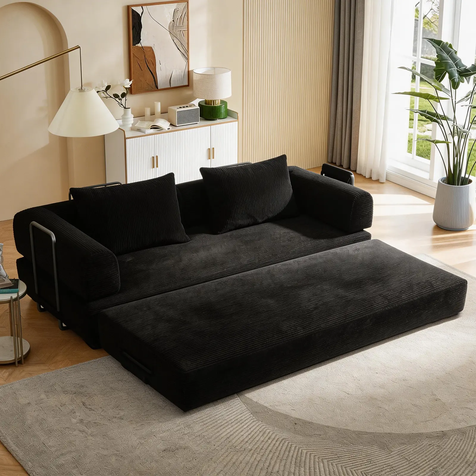 78 Inch Convertible Sleeper Sofa Bed, Boneless Futon Couch with Pull Out Bed, No Assembly Required, Black Corduroy and Polyurethane, Ideal for Living Room, Guest Room, Dorm