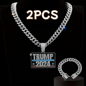 2pcs Men's Versatile Fashion Trump Logo Pendant Necklace and Bracelet Set, Rock Street Miami Hip Hop Cuban Chain Set, Suitable for Daily, Party, Street Sports, Gift for Family