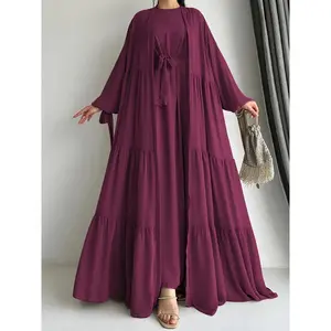 Crew Neck Long Sleeve Abayas Dress, Elegant Ruffle Hem Maxi Length Dress With Long Sleeve Cardigan, Women's Clothing