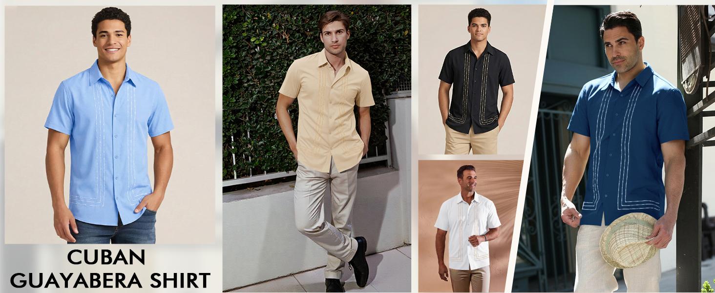 Runcati Mens Cuban Guayabera Shirt Short Sleeve Button Down Shirts Casual Linen Summer Beach Vacation Tops