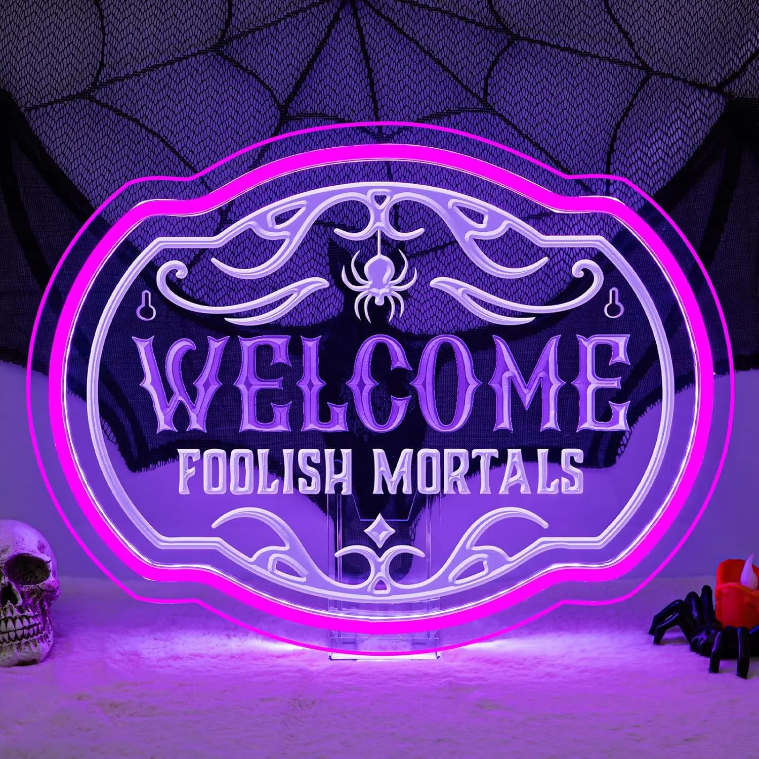 Welcome Foolish Mortals Neon Sign - Haunted Mansion LED Wall Decor for Christmas, Horror Parties & Themed Bars, USB-Powered with Adjustable Brightness, Spooky Flicker Effect dimmable
