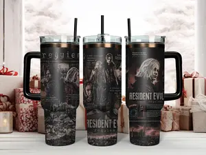 Resident Evil 9 Requiem Cinematic Art Tumbler - Leon S. Kennedy & Grace Ashcroft Dark Grunge Design 40oz Insulated Stainless Steel Travel Mug with Handle & Straw - Perfect Gift for Survival Horror Fans