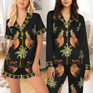 Tropical Bird Monkey Print Pajama Set – Black Satin Exotic Loungewear
