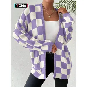 Women's Checkerboard Print Drop Shoulder Cardigan, Casual Fit Long Sleeve Open Front Knitwear for Fall & Winter, Women's Knit Clothing for Daily Wear