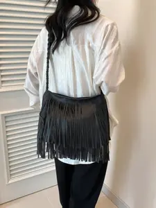 Vintage Double-Layer Fringe Crossbody Bag, Soft Pebbled Leather Texture, Braided Strap, Casual Street Style Purse