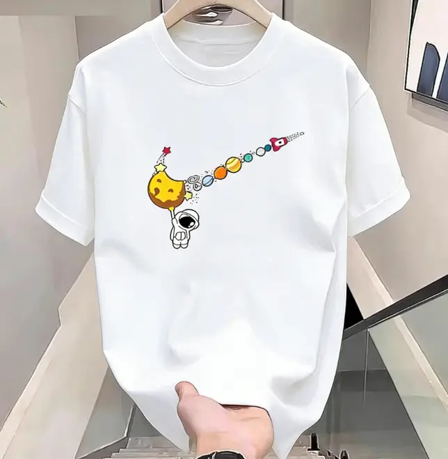 Unisex 100% Cotton Astronaut Space Planet Print Short‑Sleeve T‑Shirt, Cute Aesthetic Daily Tops