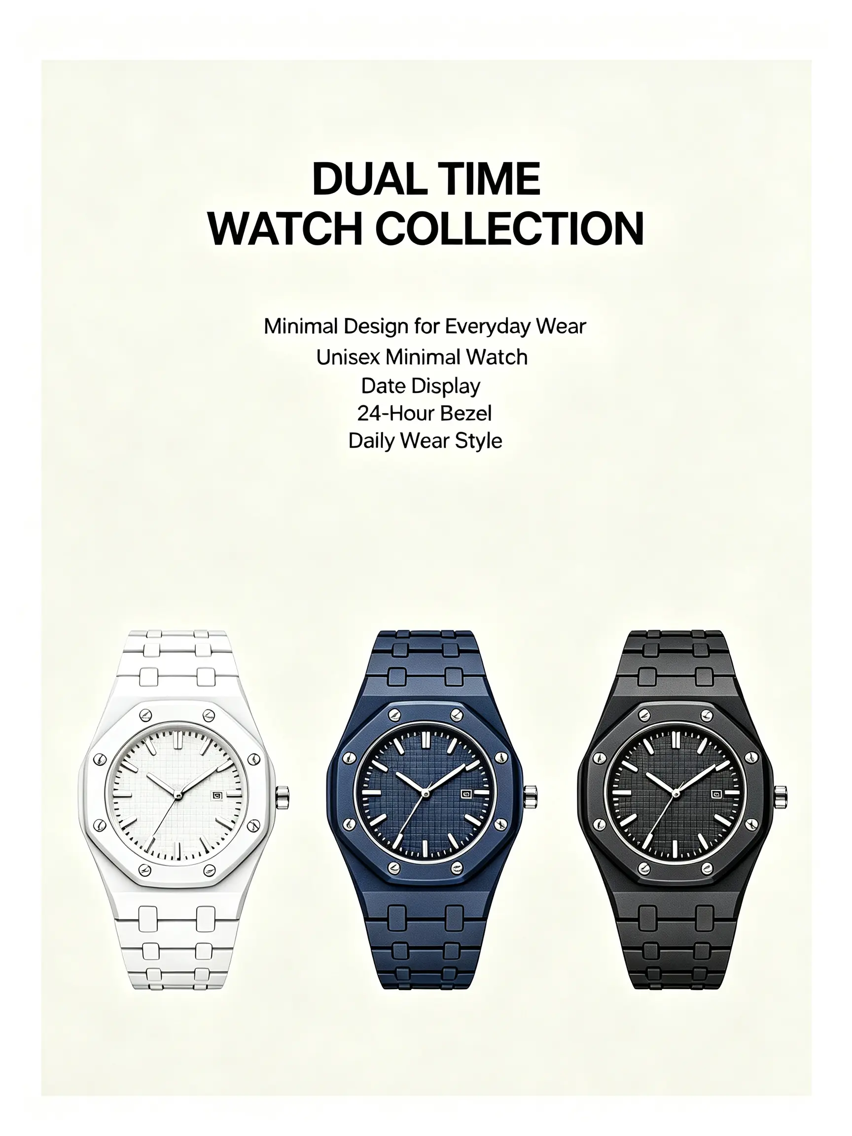 Octagonal Watch | Lightweight Plastic Band Dual Time Wristwatch
