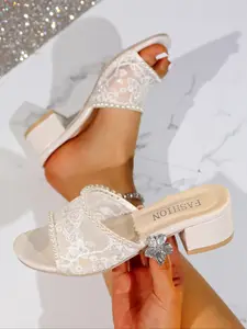 Women's White Lace & Pearl Trim Block Heel Mule Sandals - Bridal Wedding Open Toe Slip-On Heels #bridalshoes #whiteheels #blockheels #tiktokshoefinds #lacesandals