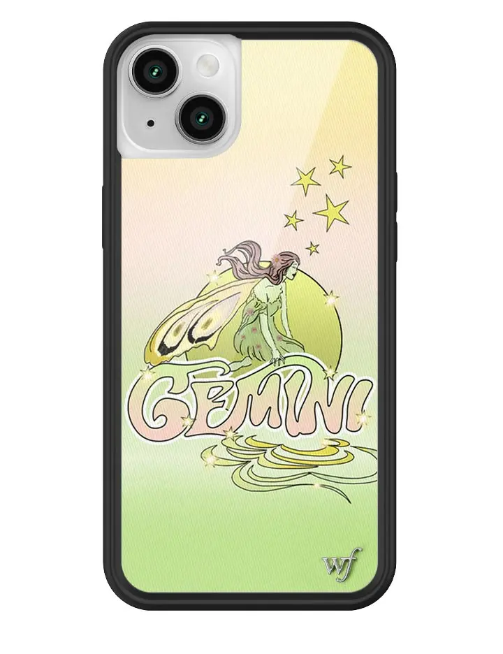 Gemini | Limited Edition iPhone Case | Raised Protective Black Bumper | Women Owned Small Business | Zodiac Ombre Sunset Background Butterfly Fairy Green Waves | Safety Casing Protective | Cellphone Cute Aesthetic