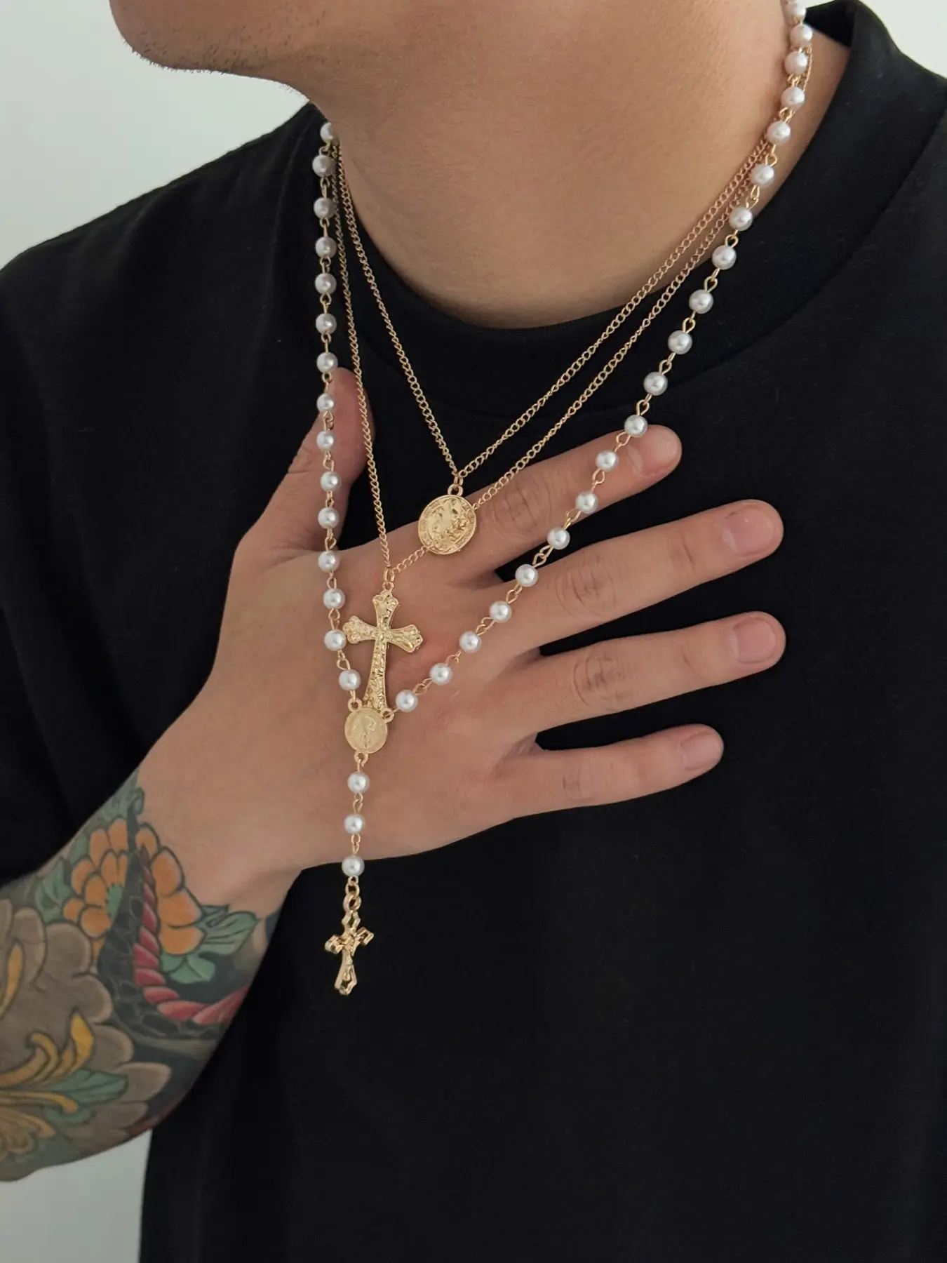 3-Piece Vintage Cross Design Pendant Pearl Layered Necklace Stack, Cross Necklaces, Casual Collar Chain, Men's Unique Style Jewelry, All-Season Accessory