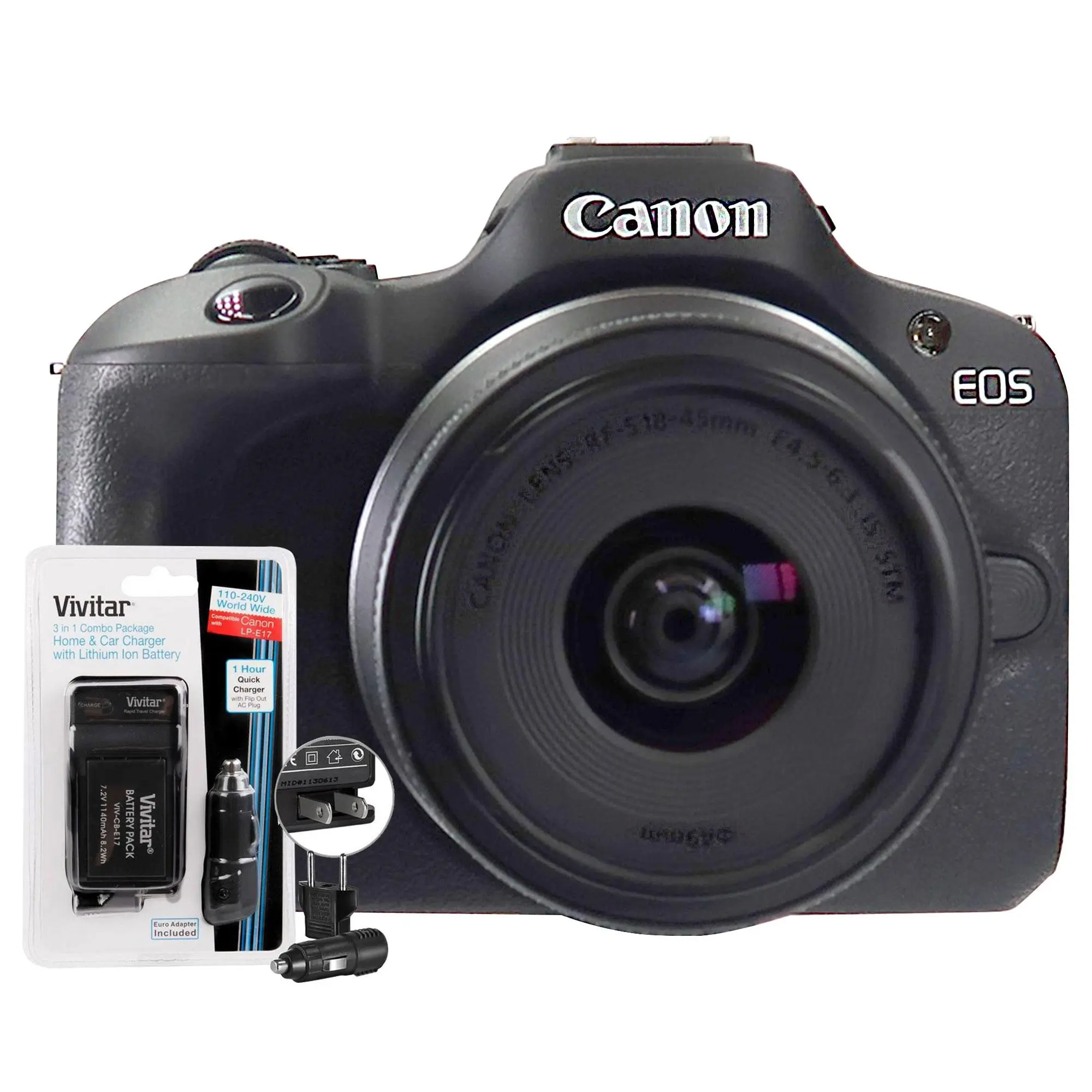 Canon EOS R100 Mirrorless Digital Camera Black + Canon RF-S 18-45mm f/4.5-6.3 IS STM Lens + Vivitar CB E17 Replacement Battery for Canon LP E17 and Vivitar LC E17 Charger