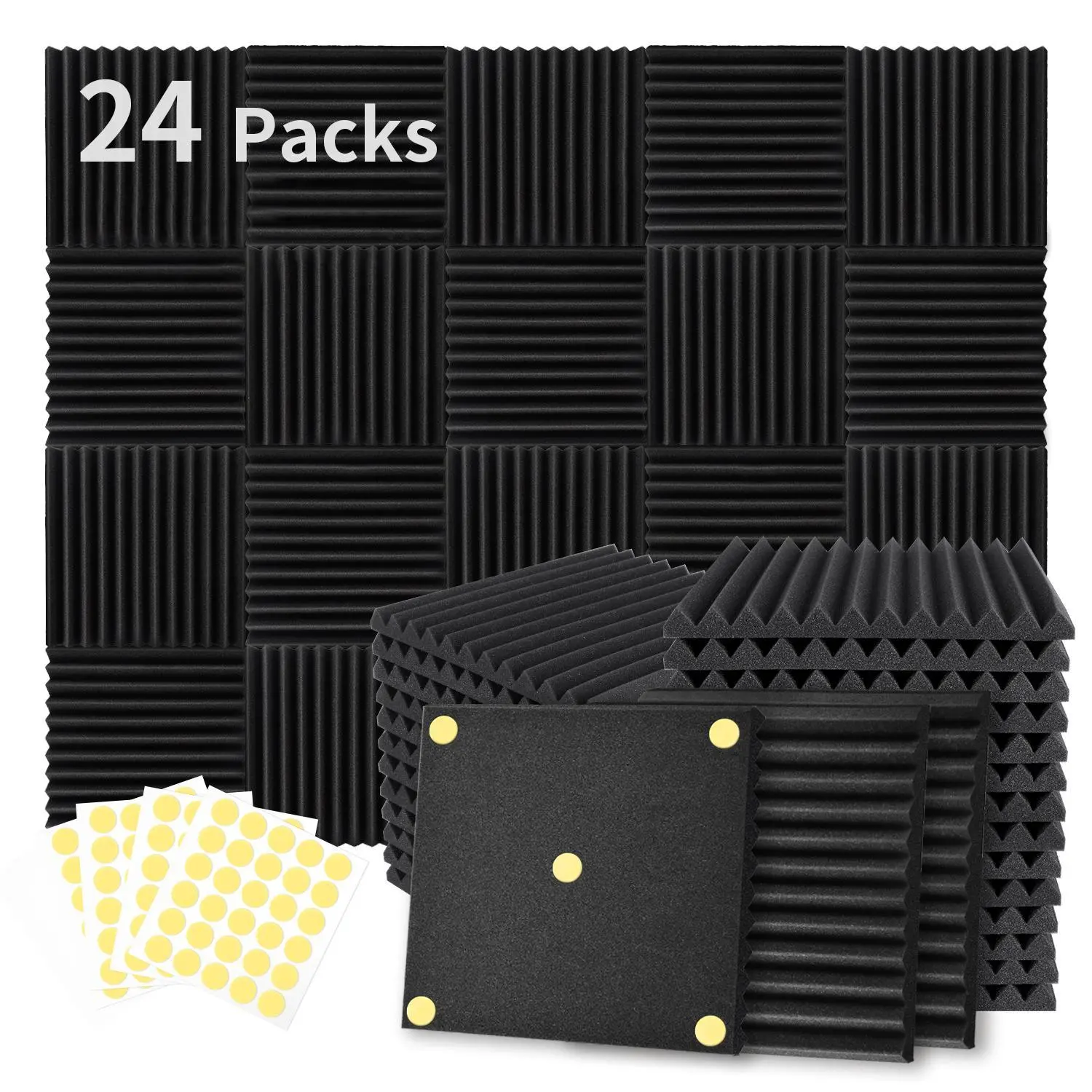 Acoustic Foam Panel, 24pcs/set Soundproofing Acoustic Foam Panel with 120pcs Double Sided Sticker, Sound Absorbing Foam Panel for Home Studio, Game Room, Live Room, Acoustic Panels