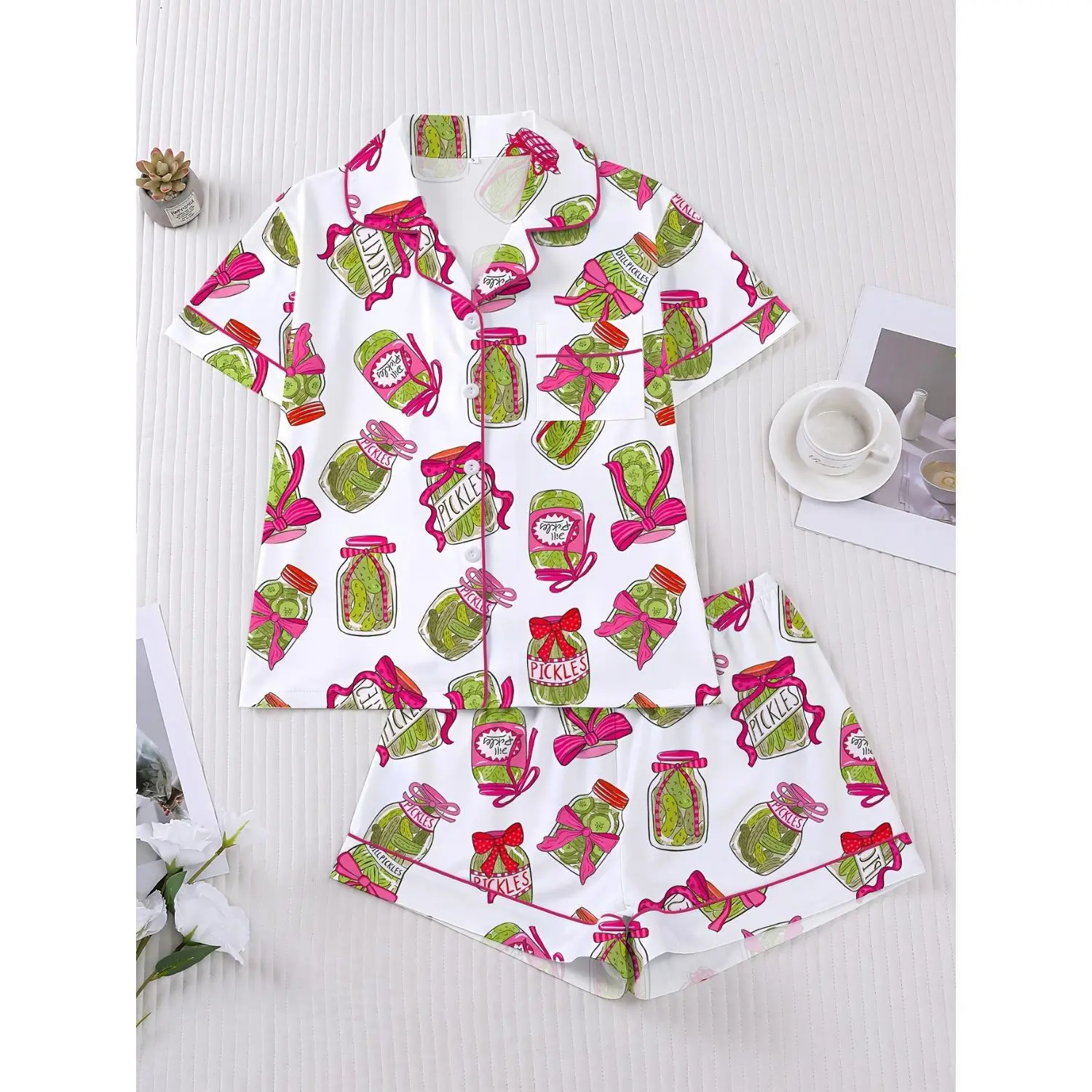 2PCS Women's Short-Sleeve Lapel Button-Up Top & Loose Elastic Shorts Pajama Set, Pickle Print, Stylish Daily Wear Outfit