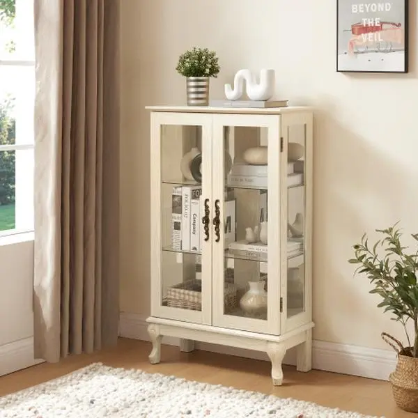 White Lighted Display Cabinet - Tempered Glass Doors, Mirrored Back, Adjustable Shelves, Built-In Light, MDF+Glass Construction, Metal Handles for Living Room, Home Office