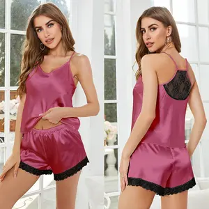 Women's Two Pieces Pajama Set with Suspender and Shorts, Summer and Sexy Style with Lace at both of the bottom and top, Adjustable Straps at the back, Comfortable Nightgown for Women
