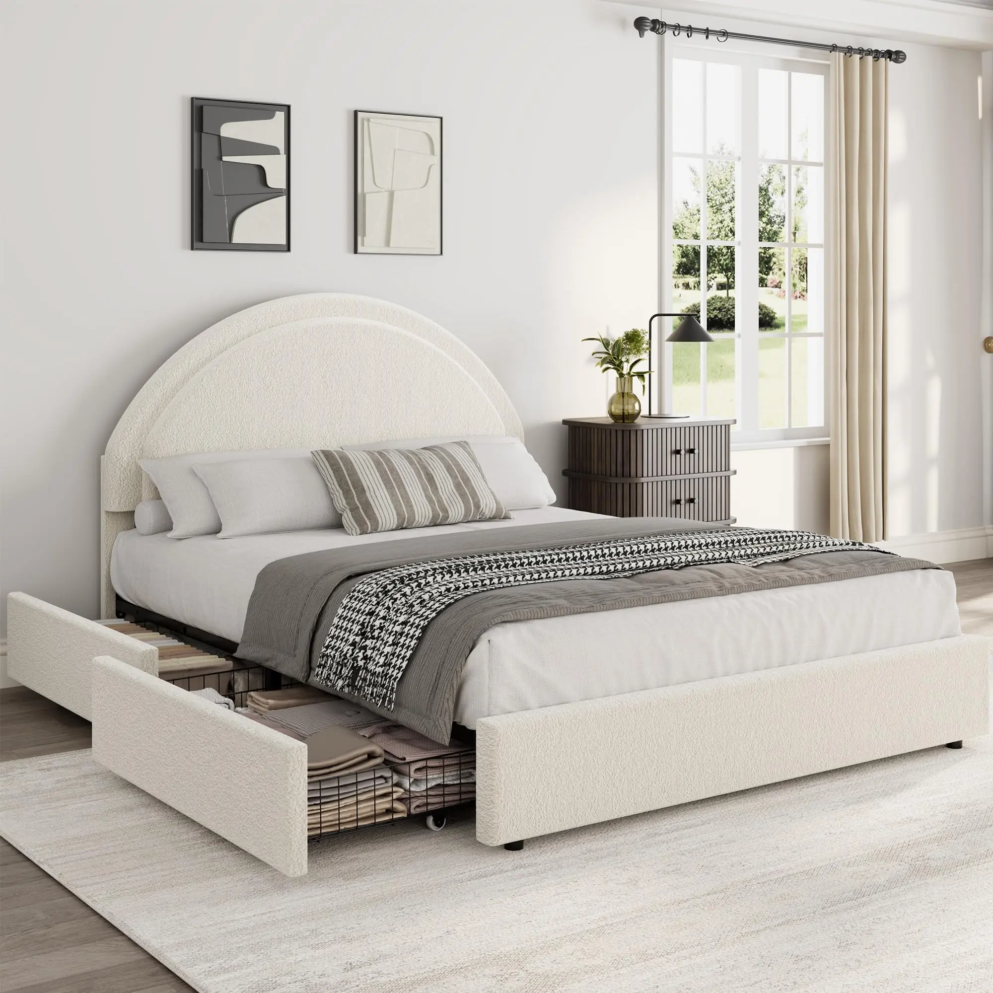 Twin/Full/Queen Size Boucle Upholstered Platform Bed - Round Headboard & 2 Storage Drawers, Noise-Free Design, No Box Spring Needed