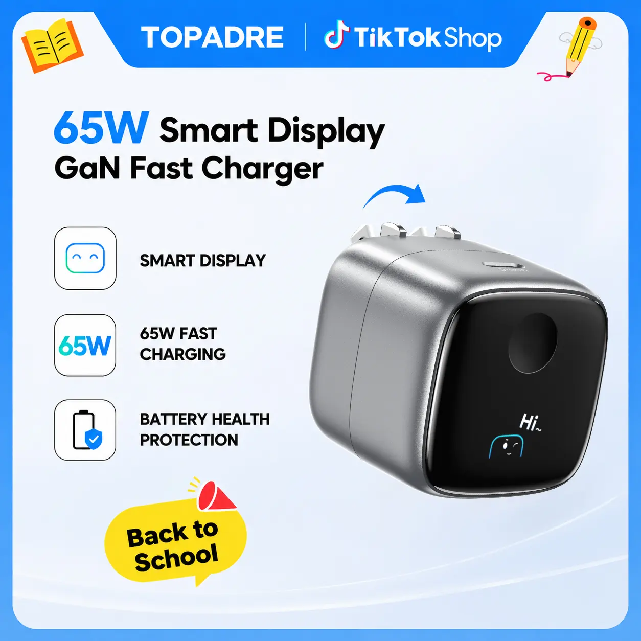 TOPADRE 65W Fast Charging USBC Charger with LED Display, Fast Charging Block for Apple Devices, Smart Device Recognition, Foldable Plug, Temperature Control, Safe Compact Power Adapter for iPhone 17/16/15 Series, MacBook