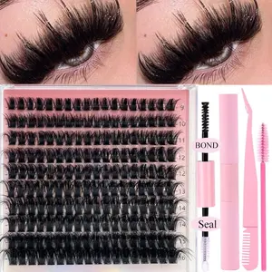 5D D Curl Thick False Eyelashes with Glue & Brush & Applicator Tool, 1 Set Mixed Length Cluster Fake Lashes for Lashes Extensions