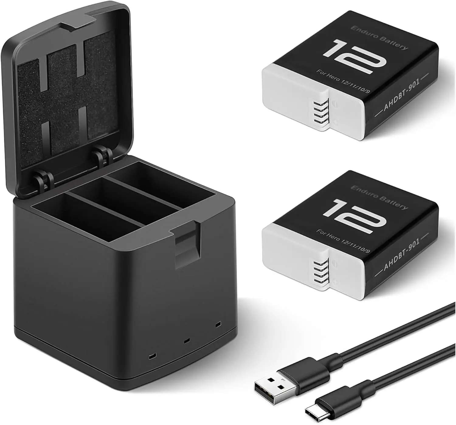 EGOWAY 2-Packs 1800mAh  Rechargeable and Portable Batteries for GoPro Hero 12 with 3 Channel Battery Charging Station Compatible with GoPro Hero 12, 11, 10, 9 Black Camera (2 Batteries & 1 Battery Charger) with Protection and Cable