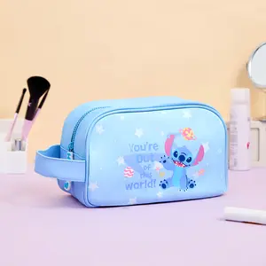 Disney Lilo and Stitch Cosmetic Bag,Stitch Cartoon Print Makeup Bag, Light Blue Faux Leather Makeup Pouch with Star Pattern, Cute Stitch Design,Cosmetic Organizer with Zipper, Travel Toiletry Bag for Women,Suitable for Daily use and Travel(1pc)