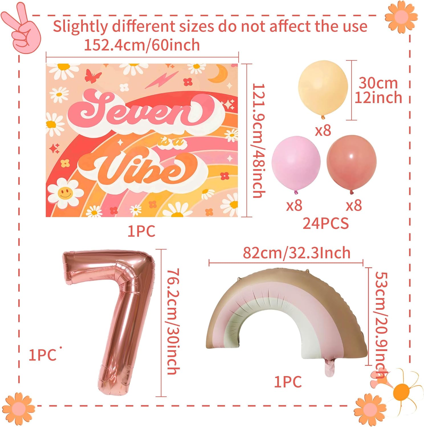 LaVenty Seven Is A Vibe Birthday Party Decorations Balloon Rainbow Daisy Balloons Vintage Groovy 7th Birthday Decorations Hippie Retro 7 Years Old Birthday Decoration
