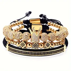 Crown Stone Prism Bead Woven Bracelet Set for Men