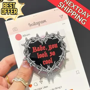 Babe, You Look So Cool Magnetic Phone Grip – Gothic Heart Design, Motivational Quote Phone Holder, Black & Red Aesthetic, Edgy Accessory