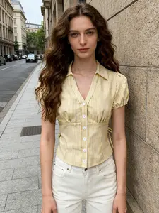 A women's fashionable yellow and white striped bubble sleeve short shirt adds sweetness, with a short silhouette that is proportionate and suitable for commuting to work, shopping, outdoor activities, indoor and outdoor dressing