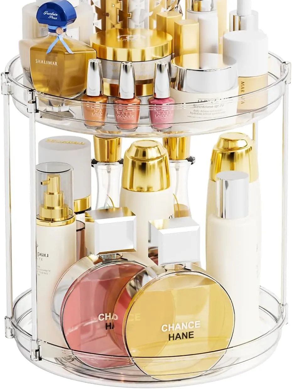 2-Tier 360 Rotating Plastic Bathroom Counter Lazy Susan Organizer, Makeup Organizer Box That Holds Hair, Lotion & Beauty Products, Home Storage Holder, Rotates