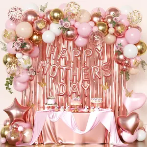 Happy Mother's Day Decorations, Rose Gold Pink Peach White Gold Foil Confetti Balloons Gold Butterfly Fringe Curtains for Mother's Day Party Decorations