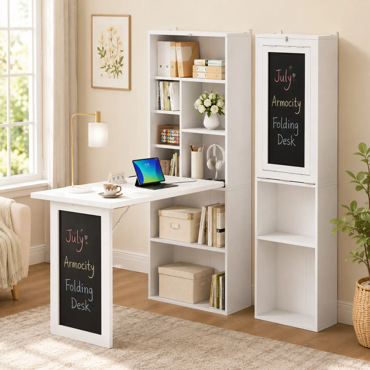 Armocity Desk Folding Wood Office Desk Convertible Desk Wood with Outlets 5 Storage Shelves Blackboard for Small Spaces/Home Office/Craft Room