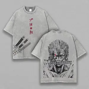 One Piece Roronoa Zoro Vintage Washed Light Grey Oversized T-Shirt With "Roronoa" Japanese Text & Three Swords Line Art Graphic Print, Anime Shirt, Mens Clothes, Mens T Shirts, Y2k Clothes, Unisex Casual Streetwear Japanese Anime T-Shirts