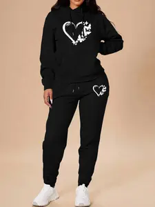 Valentine's Day New Spring Fall Fashion Home Outdoor Fitness Romantic Butterfly Heart Print Long Sleeve Hoodie + Pants Set