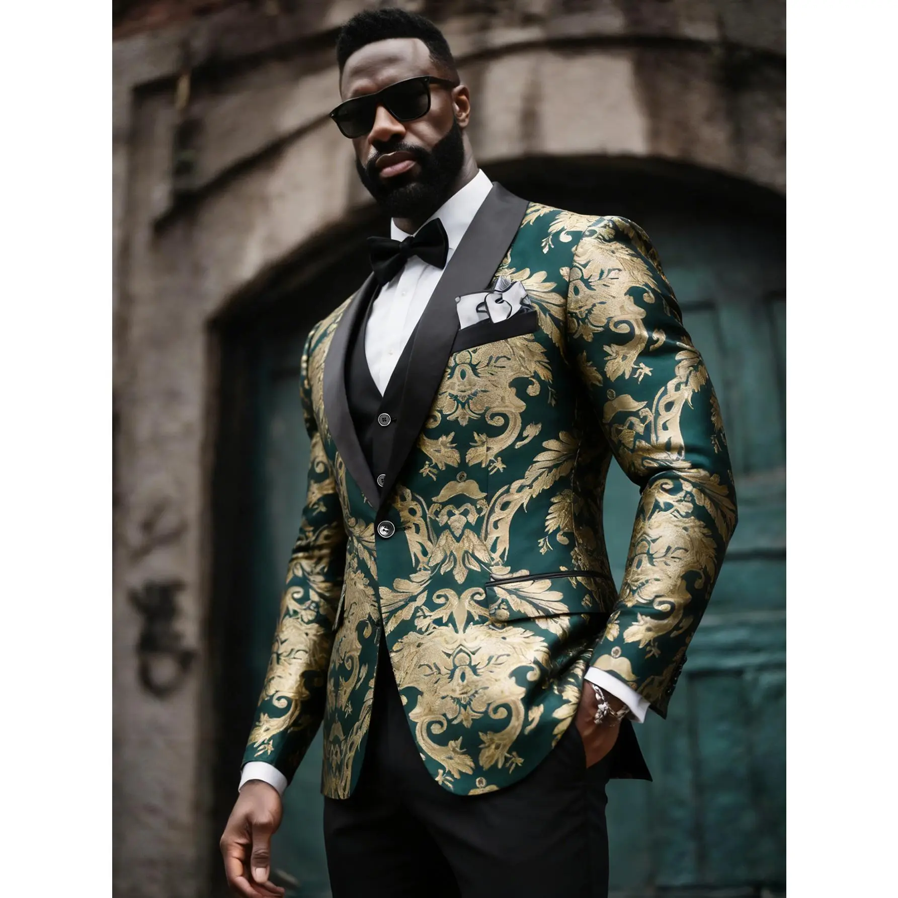 Men's 3-Piece Paisley Jacquard Tailored Suit Set - Long Sleeve Shawl Lapel Rayon Blazer, Black Vest & Pants, Fitted Classic Chic Formal Wedding Wear for Special Occasions | Button Closure Menswear