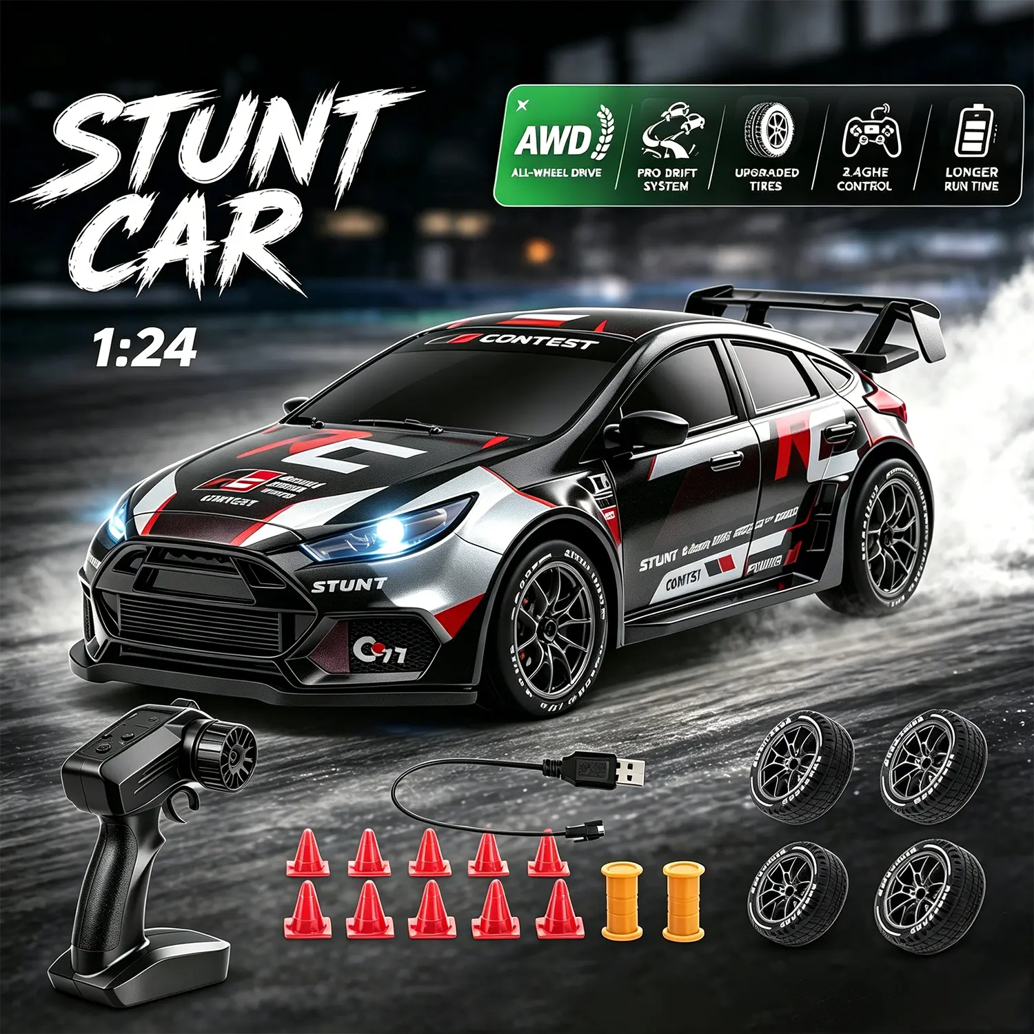 RC Drift Car, 1:24 Remote Control Car for Kids, 4WD High Speed RC Cars with LED Lights, Two Batteries, Extra Drifting Tires, Vehicle for Adults Boys Girls
