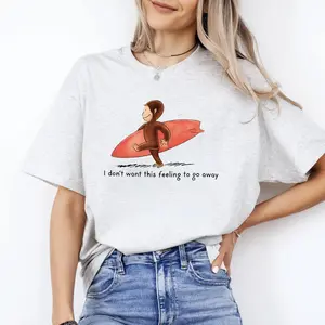 Curious Surfer MonkeyOversized Shirt, Nostalgic Summer Beach Graphic Tee, Retro I Don't Want This Feeling To Go Away Vacation Tee,  Short Sleeve Printed Graphic Shirt, Daily Casual Cotton Menswear