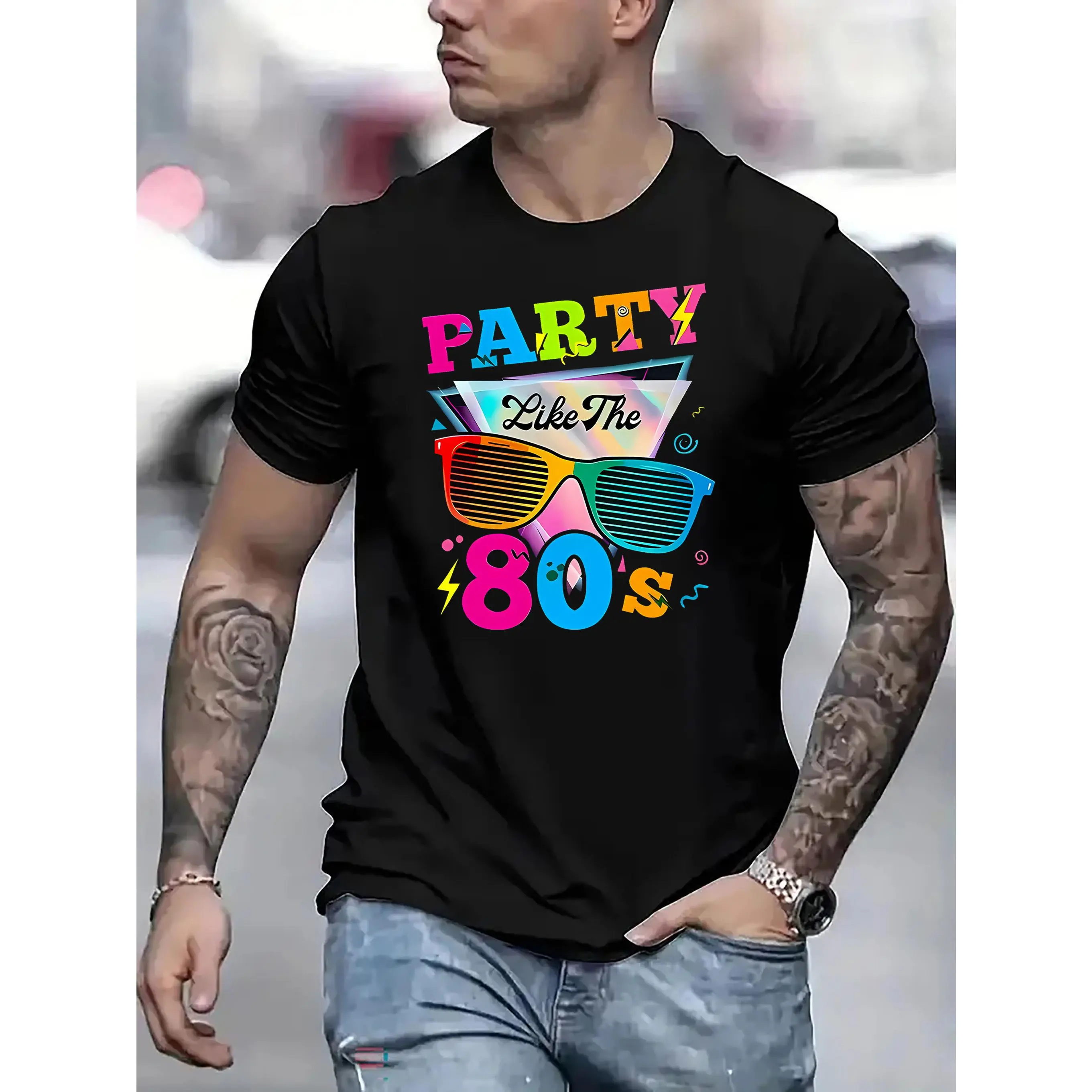 Men's Retro Party Print T-Shirt - "Like The 80's" Colorful Fashion Glasses Design, Casual Round Neck Short Sleeve Tee for Summer, Camping & Vacation Wear