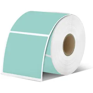 Green Square Thermal Label Stickers, 2"x2" Self-Adhesive Square Direct Thermal Labels with Perforation Line, 500 Sheets/Roll