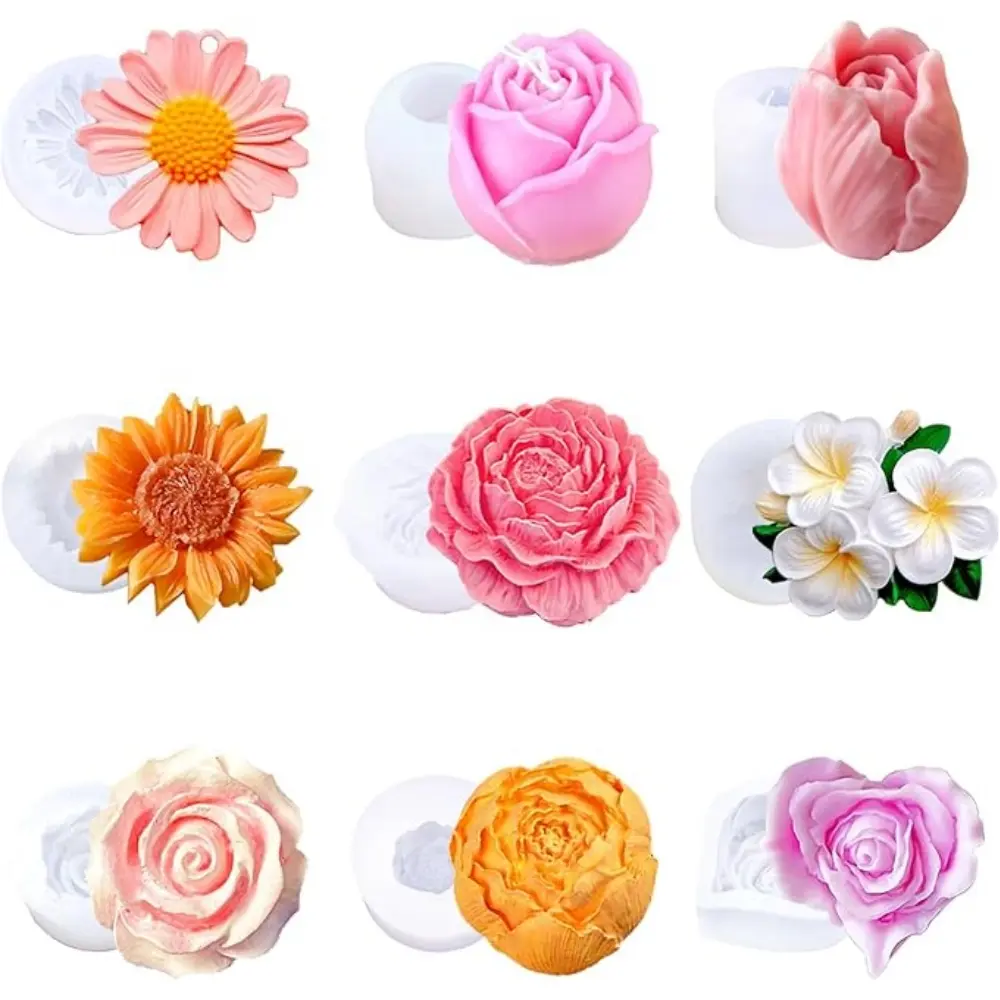 9 Pcs Flower Candle Molds for Valentine's Day Rose Tulip Silicone Candle Mold Flower Shapes Moldes De Rosas Silicona para Velas for Soy Wax, Beeswax, Candle Making, Resin Craft