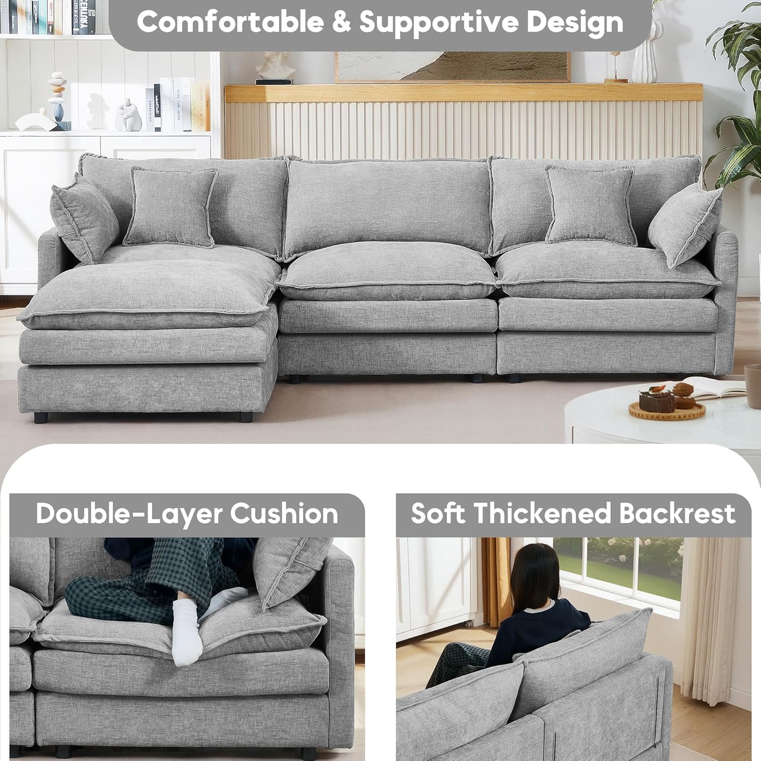 102" L Shaped Modular Sectional Sofa, Comfy Upholstery Chenille Cloud Couch with Ottoman, Modern 4-Seat Deep Seat Sofa with Pillow for Living Room, Bedroom, Apartment, Grey 102" L Shaped Modular Sectional Sofa, Comfy Upholstery Chenille Cloud Couch with Ottoman, Modern 4-Seat Deep Seat Sofa with Pillow for Living Room, Bedroom, Apartment, Grey