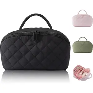 All-in-One 180 °   Lay-Flat Makeup Bag - 5 Grid Puffy Organizer for Travelers & Vanity Use