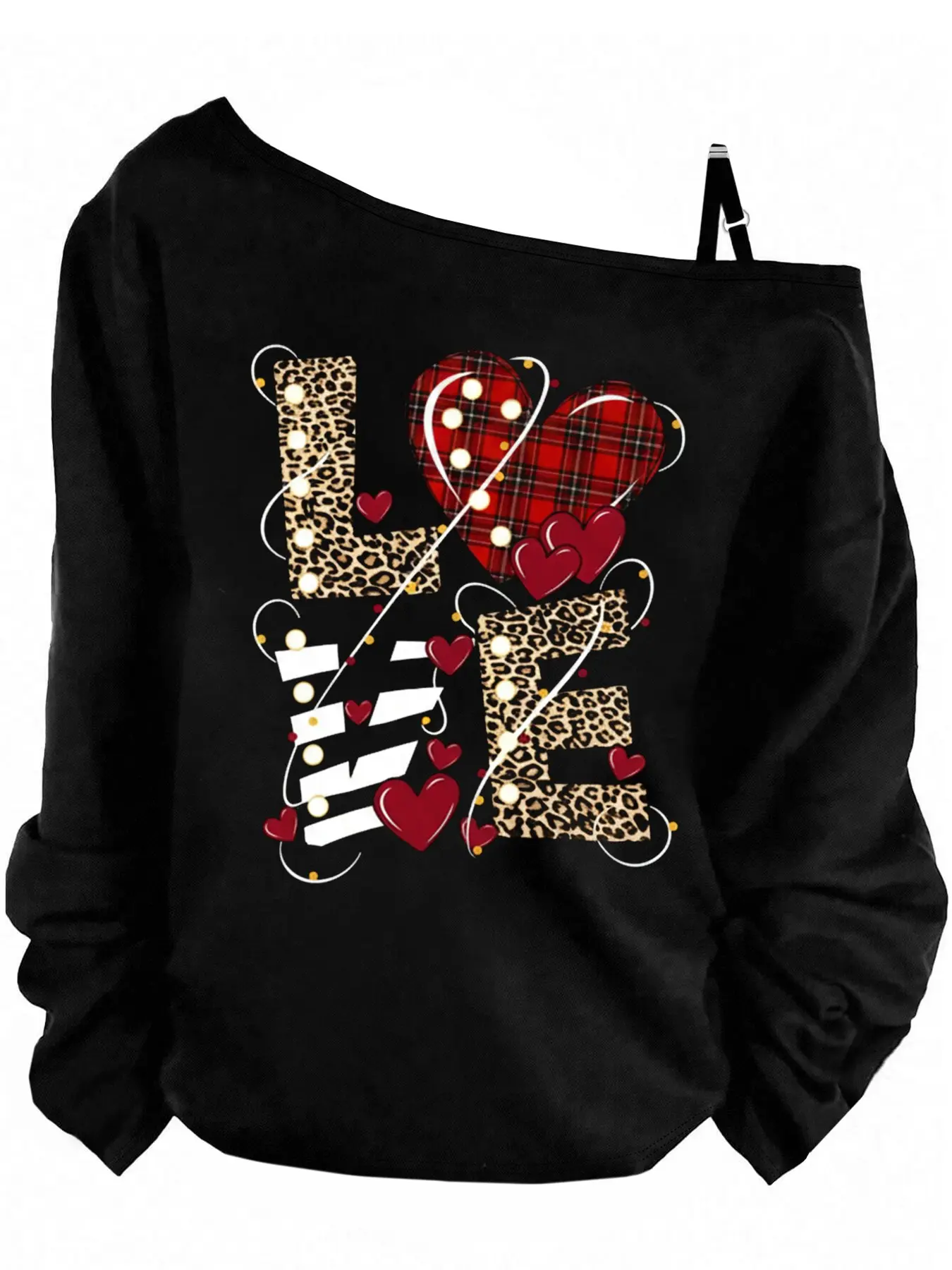 Women's Off-Shoulder Long Sleeve Loose Top with Love Print, Casual Womenswear Fashion Femininity, Perfect for Date Nights and Valentine's Day, Trendy Y2K Style for Fall & Winter, Fitted