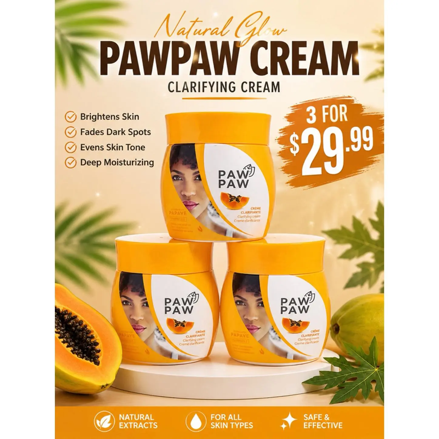 Paw Paw Clarifying Cream 500ml Set of 3 Jars Papaya Enriched Skincare for Daily Use Brightens Fades Dark Spots Evens Tone Deep Moisturizing