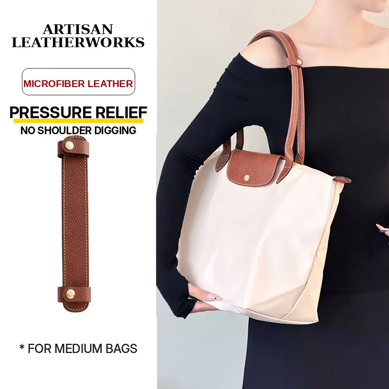 Premium Brown Longchamp Medium Tote Replacement Shoulder Pad - Microfiber Leather, Non-Destructive Snap Button Attachment, Detachable, Anti-Slip Pressure-Relief Wear-Protection, Casual Adjustable Buckle, Invisible Chain Decor, Plain, for M Luxury Bags, Sn