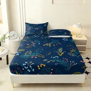 Three pieces with dark floral patterns Print Fitted Sheet Set with 2 Pillowcases, Stylish Bedroom or Guest Room Bedding for Home and Dorm, High Definition Print, Bed Sheets