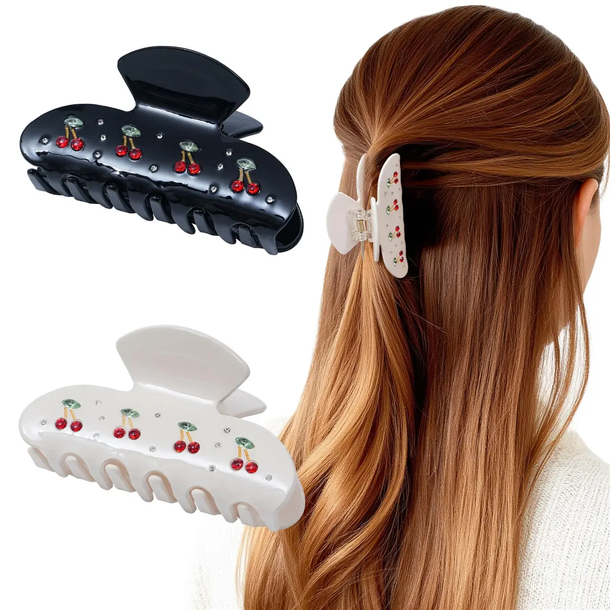 Women's 2-Pack Cherry Hair Claw Clips Gift Set, 3.35 inches Nonslip Acrylic Rhinestone-Patterned Red Cherry Hair Accessories for Engagement, Ceremony, Anniversary, Bathing, Beach, Synthetic, Birthday, Casual, Accessories For Women, Stylish Accessories
