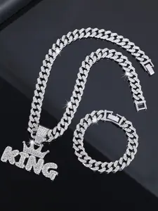 Men's 3-Piece Set Crown Pendant Necklace & Bracelet, Zinc Alloy Cuban Chain Jewelry, Hip-Hop Style, Perfect Gift for Father's Day/birthday, Fashionable Jewelry Set, Costume Jewelry Set