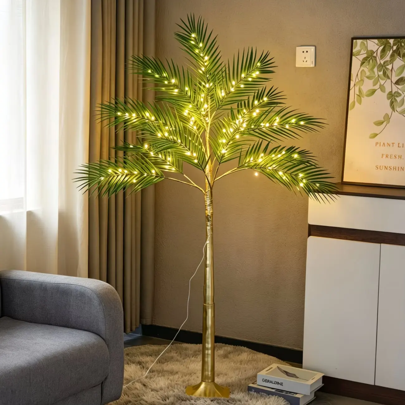 LED-Lit Golden-Trunk Artificial Palm Tree Floor Lamp (4-6ft, 70in, USB Power) - Safe and Worry-Free Bonfire String Lights for Living Rooms, All 4 Seasons Festive & Home Decor